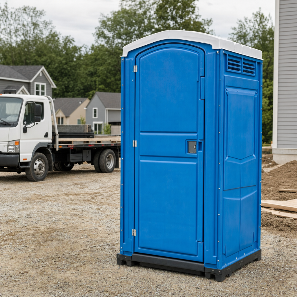Delivery driver positioning a clean royal-blue portable toilet on level ground at a Provo worksite