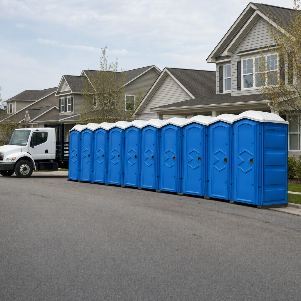 Royal blue portable toilets staged in a tidy row at a Provo jobsite, ready for delivery
